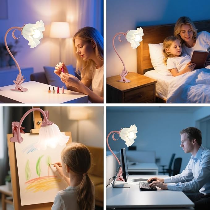Clip On Light and Flower Bedside Table Lamp, Flexible Gooseneck Reading Book - Image 7