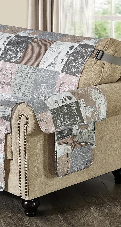 Brilliant Sunshine Latte Grey Toile Couch Armrest Cover, Armrest Organizer & - Image 7
