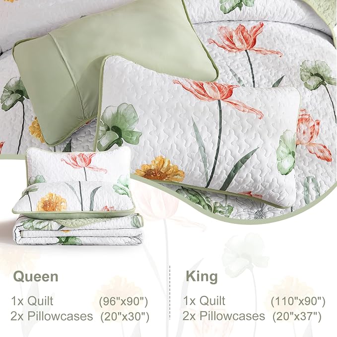 WONGS BEDDING King Size Floral Quilt Set, Sage Green Bedding | Sage Green - Image 7