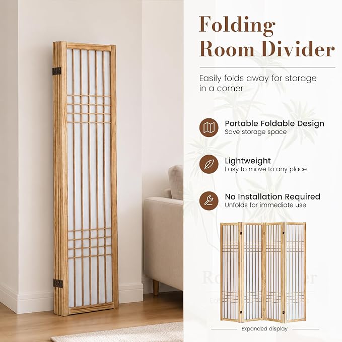 Shoji Room Divider, Lightweight Folding Privacy Screen, Natural | Room Divider - Image 6