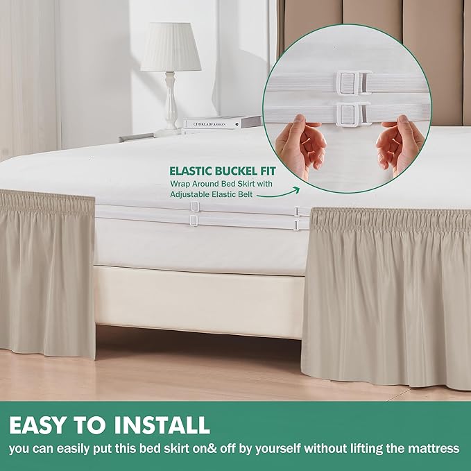 Biscaynebay Wrap Around Bed Skirts with Split Corners for Full Beds 17" Drop, Light Camel Elastic Dust Ruffles Easy Fit Wrinkle & Fade Resistant Silky Luxurious Fabric Solid Machine Washable