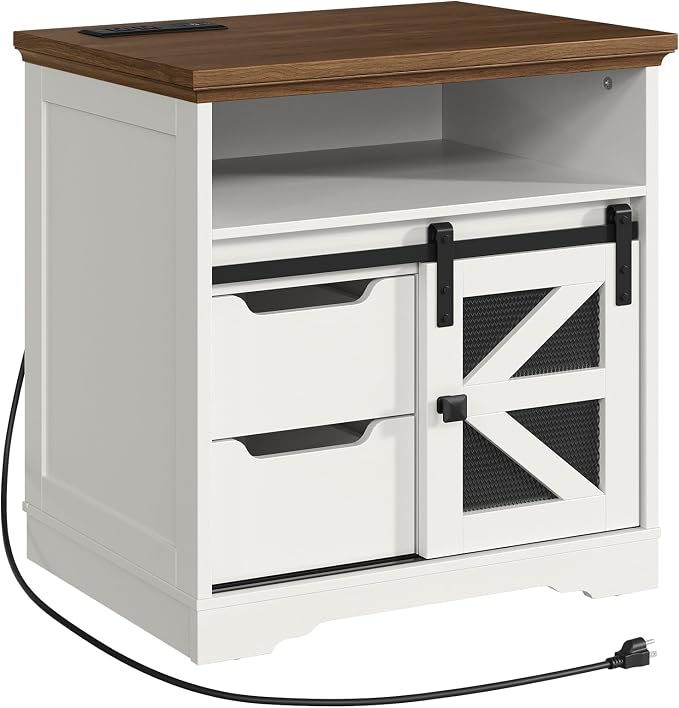 Farmhouse End Table with Charging Station, Sofa Side Table with 2 Drawers and - Image 9