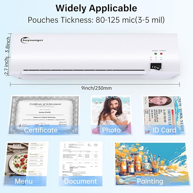 Buyounger Laminator Machine with 10 Laminating Sheets, 9 Inch Laminator Hot & Cold for A4/A5/A6, Thermal Laminating Machine for Home School Office