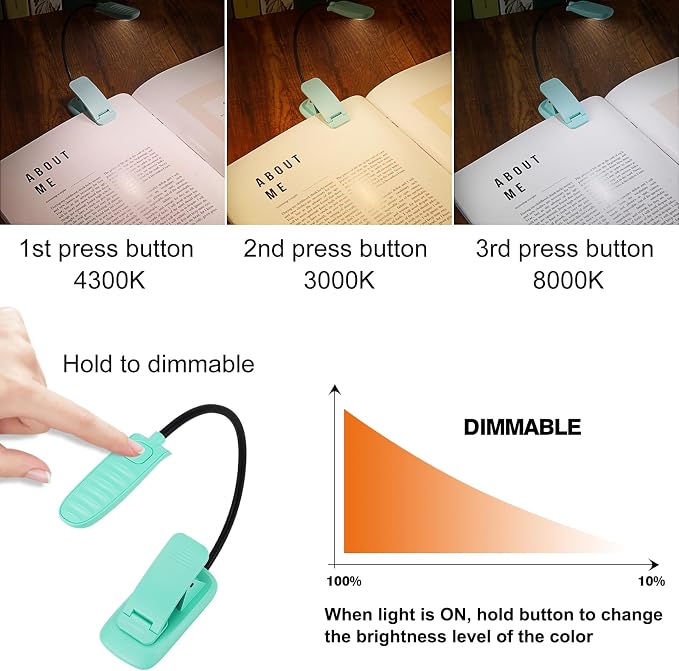 BIGMONAT Rechargeable Book Reading Light, Portable Bendable Neck, Brightness - Image 5