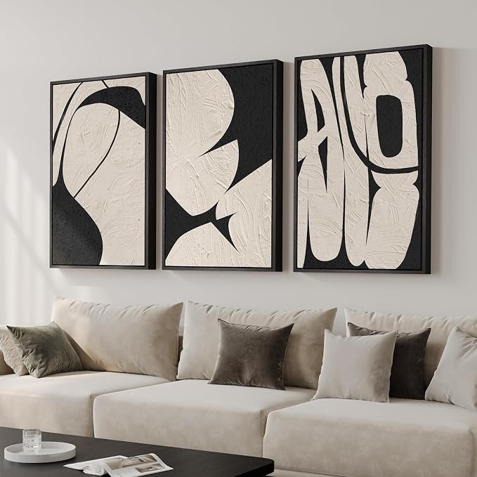 Large Framed Neutral Abstract Wall Art, 3 Piece Black and Beige, 24x36 In | - Image 2