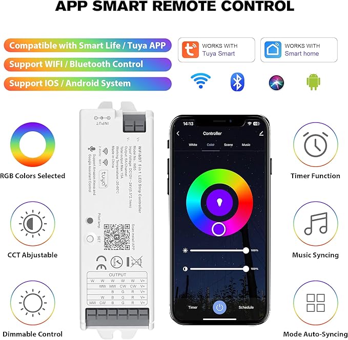 XXK WB5 WiFi PWM 12V/24V LED Controller with RC03RFB RF Remote Control 4-Zone Group, RGB RGBW RGBCCT Strip Lights Controller Kit Compatible with Alexa Google Home Smart Life Tuya APP Control
