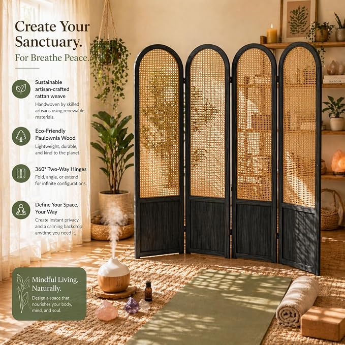 Rattan Room Divider, 4 Panel Folding Room Screen Divider, Foldable Room - Image 5