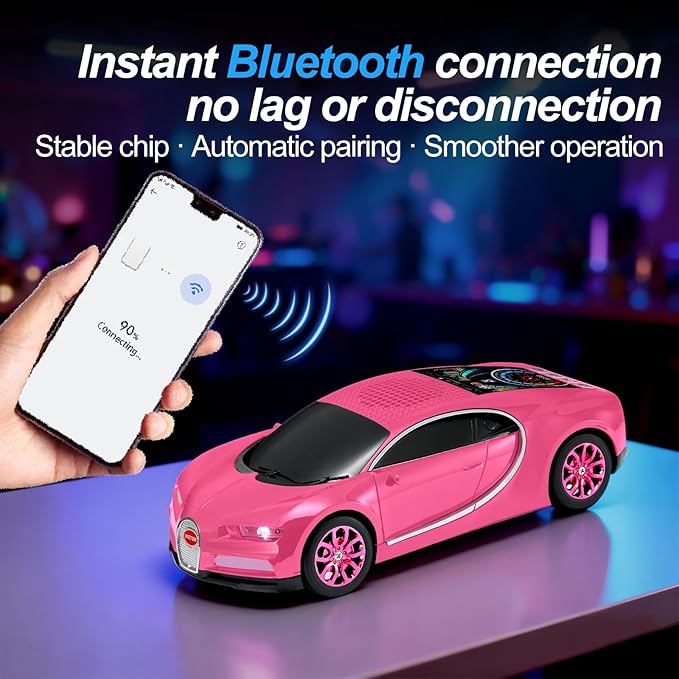 WSTER Luxury Sports Car Model Bluetooth Speaker with HD Sound, TWS Stereo Pairing, Display Screen, Built-in Microphone, Unique Bluetooth Car Speaker for Home, Party, Outdoor & Beach (Pink)