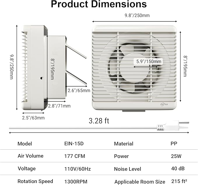EINTTAX 8 Inch Wall Mounted Shutter Exhaust Fan with Automatic Shutter, 177 CFM Quiet Powerful Plug in Wall Exhaust Fan, Window Extractor Ventilation Fan for Bathroom, Attic, Garage, Shed, 25W, White