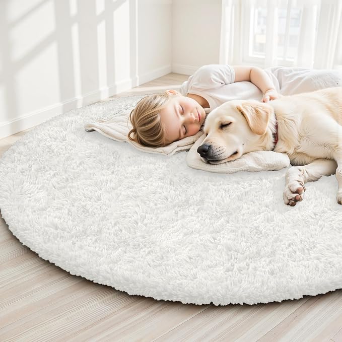 White Round Fluffy Rug 6ft Plush Fuzzy Shaggy Carpet | Soft Rugs - Image 6