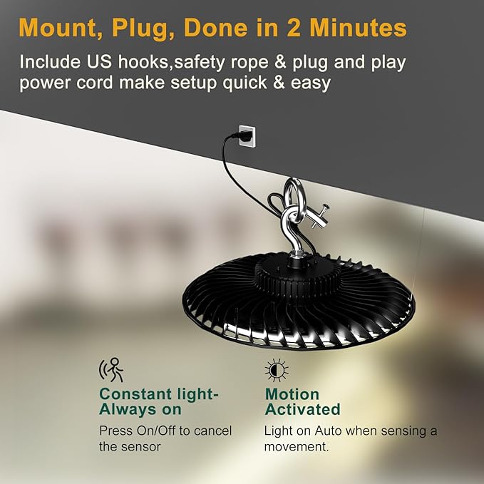 ACOHOOK Smart 320W LED High Bay Light with Motion Sensor, 48000lm (Eqv.1200W MH/HPS) High Bay LED Shop Light 100-277V Commerical Grade UFO Lights（Remote Buy Separate）