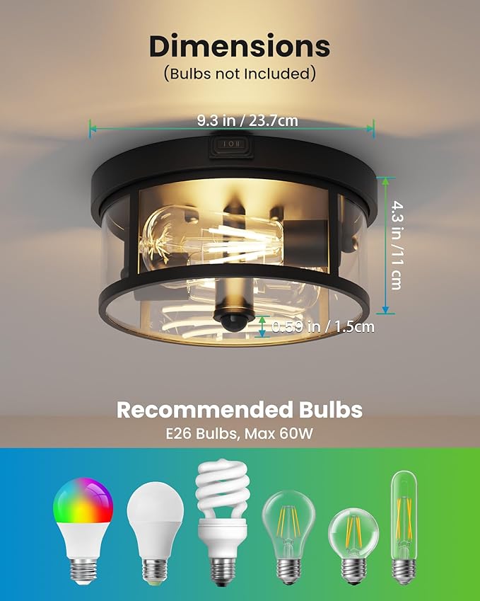 2Pack Outdoor Ceiling Light with Motion Sensor 9.3in - Porch Lights Outdoor, E26 Base, Flush Mount, 360° Detection, 3 Modes (Auto/Dusk to Dawn/Always-on), Farmhouse Ceiling Light for Porch, Entryway