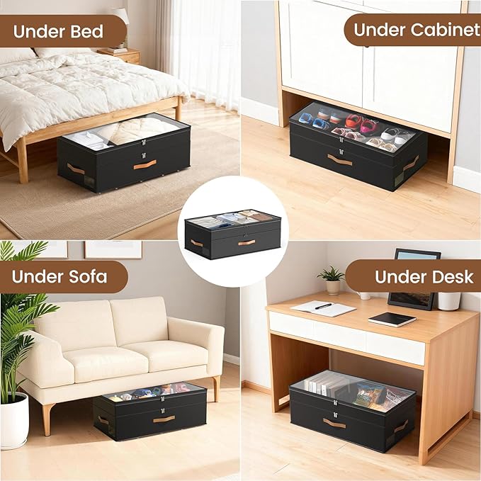 Under Bed Storage with Wheels, 2-Pack Underbed Storage Containers, No Assemble 11 inches 90L XXL Large Adjustable Storage Bins with Clear Lids, Rolling Storage for Clothes, Shoes, Blankets, Black