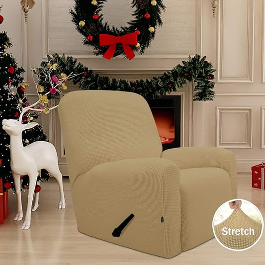 Easy-Going Recliner Stretch Sofa Slipcover Sofa Cover 4-Pieces Furniture Protector Couch Soft with Elastic Bottom Polyester Spandex Jacquard Fabric Small Checks(Recliner, Golden)