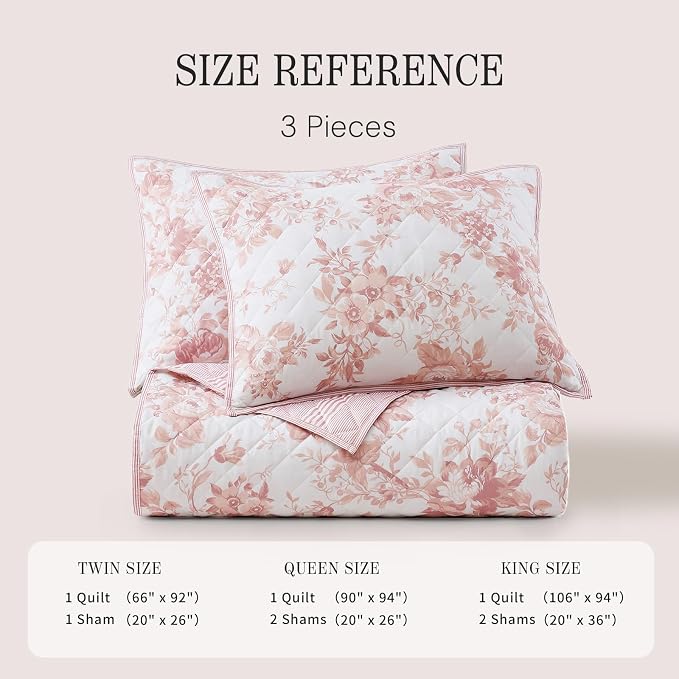 King Quilt Set-3 Pieces Soft Bedding Floral Reversible Coverlet | All Seasons - Image 7