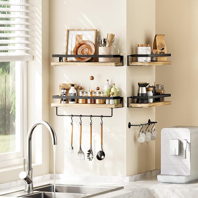 Amada Bathroom Shelves with Towel Bar, Light Brown | Floating Shelves with - Image 6