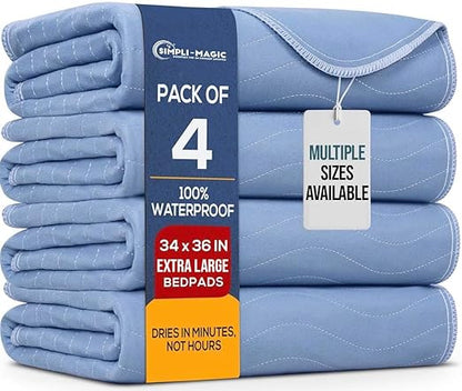 Simpli-Magic Washable Underpads, 34x 36" (Pack of 4) - Heavy Absorbency Reusable Bedwetting Incontinence Pads for Kids,Adults,Elderly,andPets - Waterproof Protective Pad for Bed,Couch,Sofa,Floor
