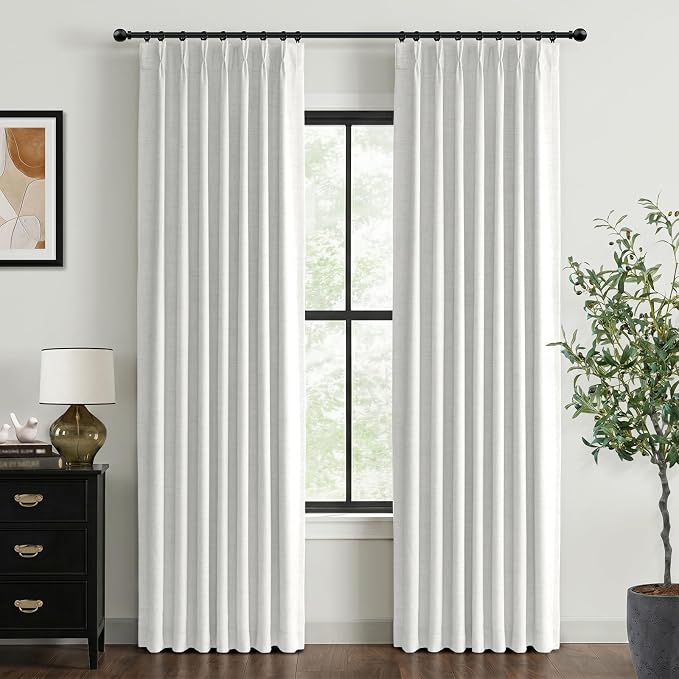 Pinch Pleated Full Blackout Faux Linen Curtains 102 Inches Long | Bright White by 100BlackoutShield