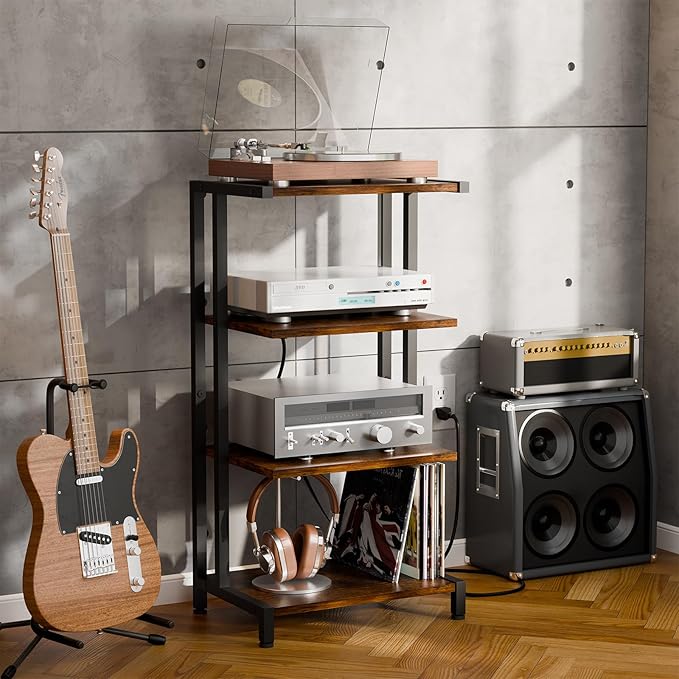 X-cosrack 16.5" Small 4-Tier AV Media Stand with Power Strips,Narrow Version Wooden Corner TV Stand Shelf with LED Lights,Stereo Cabinet Audio Rack Stand Tower for Small Media Players and Boxes
