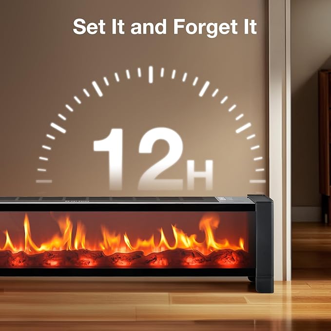 Air Choice 33” Baseboard Heater, 1500W Fireplace Heater with Top Air Outlet, Remote, Adjustable Thermostat, 12H Timer, Overheat&Tip-Over Protection, No Fan Design, Space Heater for Large Room Office