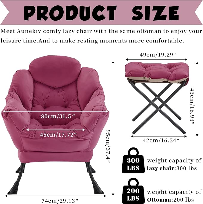Lazy Chair with Ottoman, Comfy Reading Chair, Burgundy | Cushioned Seat with - Image 3