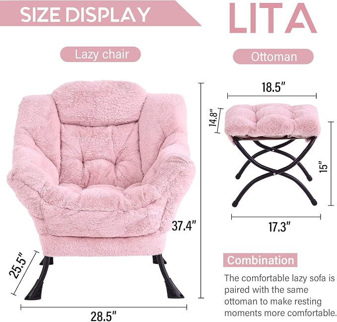 Lazy Chair with Ottoman, Comfy Accent Reading Chair, Plush Pink | Foldable - Image 3