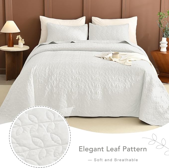 Lady Ann White Oversized King Quilt 128x120, Leaves Pattern Printed Oversized - Image 8