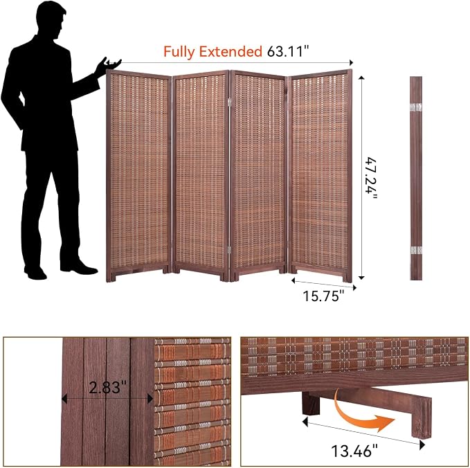 Bamboo Room Divider 4 Panel 47" H, 360°Rotating Feet Privacy Screen, Portable - Image 2