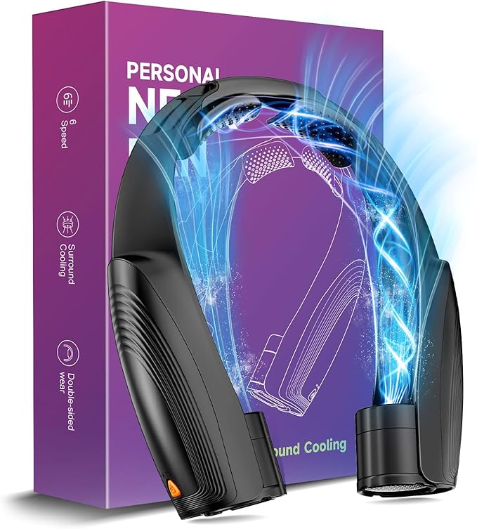 Slientspin Portable Neck Fan with 6 Powerful Speeds, 8000mAh Battery Operated USB-C Rechargeable Fan, Hands-Free 360° Cooling Personal Neck Fan Gift for Women Men Travel Concerts(Black)