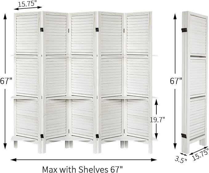 Room Divider with Shelves, 5 Panel White Privacy Screen | Partition Room - Image 3