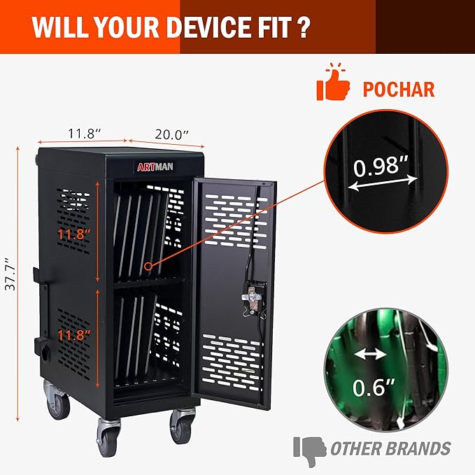 Aokleo Laptop Charging Cart,16 Devices Tablet Storage Carts for pad Up to 16.3" Screen Size, Classroom Computer Mobile Charging Station for Pads, Chromebooks,Laptops, Security Storage(16 Bay-Black)