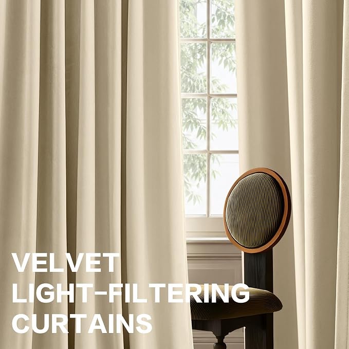 Extra Long Ivory Velvet Curtains Light Filtering Soft Drapes Soundproof | 50% - Image 5