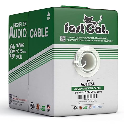 fast Cat. Speaker Wire 16 Guage 4C, UL Listed & CMR/CL3R-FT4 Rated - Speaker Cable w/PVC Jacket, 100% Oxygen-Free Pure Bare Copper - (65) HighFlex 16 Guage Wire - in-Wall Use-500ft Bulk Cable, White