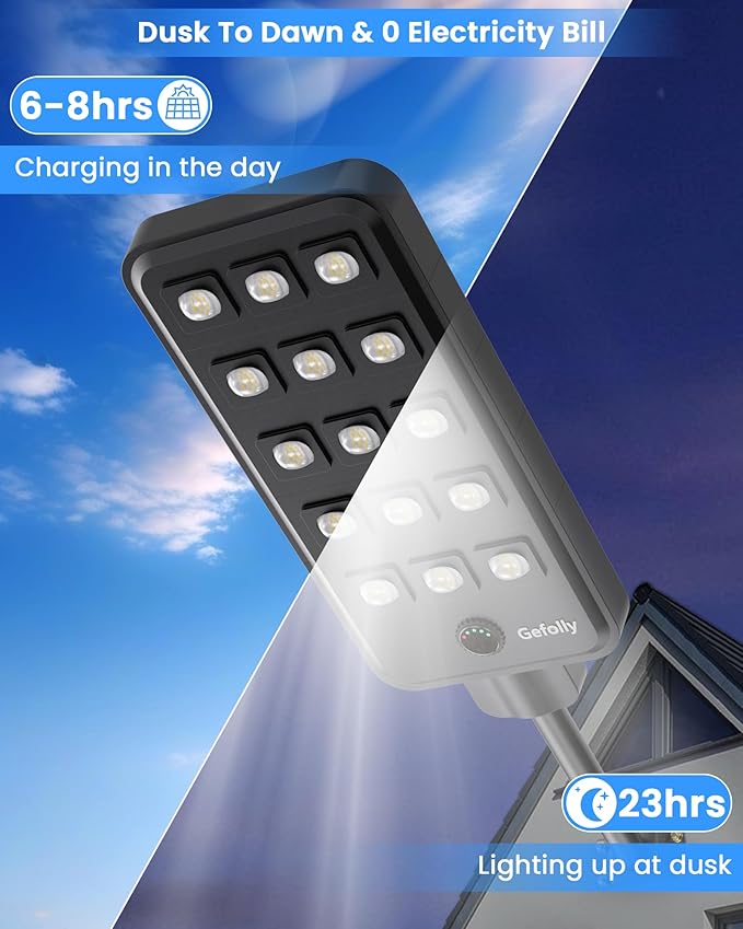 Gefolly G-15000W Solar Street Light Outdoor, Wide Angle Commercial Parking Lot Light Dusk to Dawn 6500K IP67 Flood Security with Motion Sensor Lamp for Yard, Basketball Court
