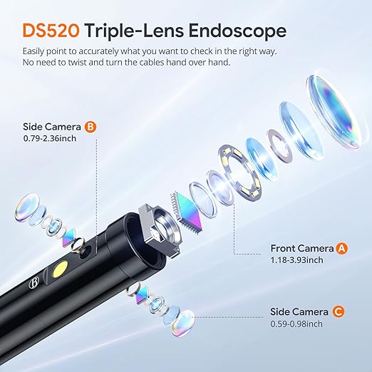 Triple Lens Borescope Tool, DEPSTECH 5" IPS Screen Endoscope Camera with Lights, 1080P Sewer Inspection Camera & Split Screen, 180° Rotation, IP67 Snake Cable, Gadget for Automotive Mechanical Repair