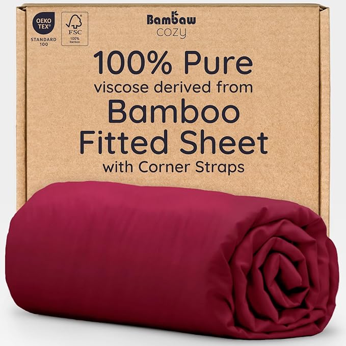 Bambaw 100% Viscose Derived from Bamboo Fitted Sheet Twin Size, Cooling Fitted Sheet Twin Size, 15’’ Deep Pocket Twin Size Fitted Sheets Only, Breathable & Soft Fitted Sheet Only (Burgundy)