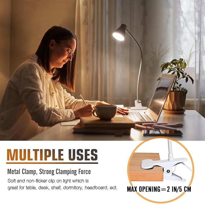Clamp Desk Lamp, Clip on Reading Light, 3000K-6500K Adjustable Color Temperature - Image 8