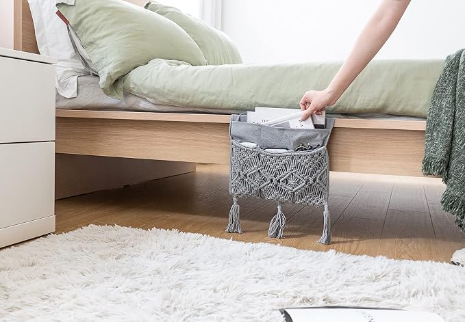 Mkono Macrame Armchair Caddy, Boho Couch Armrest Organizer, 4 Pockets Grey | - Image 3