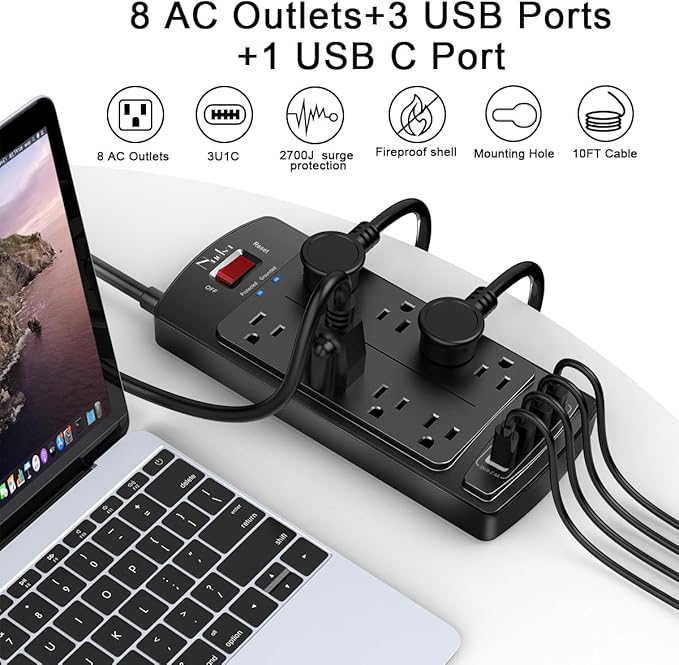 10 Feet Surge Protector Power Strip - Nuetsa Extension Cord(1625W/13A) with 8 Outlets and 4 USB Ports, Flat Plug, 2700 Joules, for Home, School, College Dorm Room, and Office, ETL Listed, Black