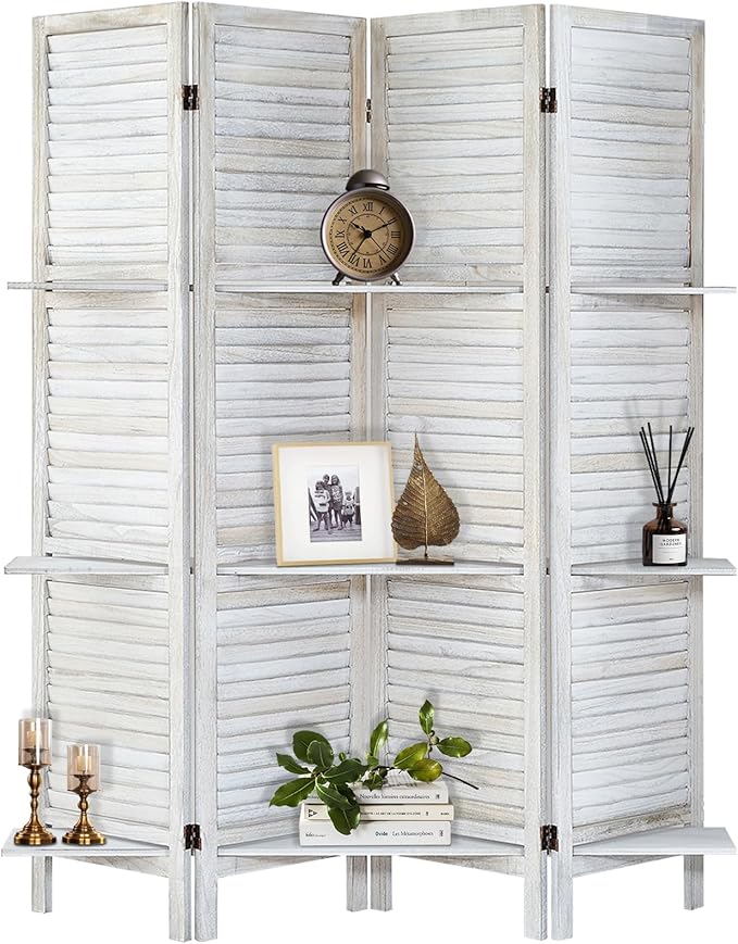 Room Divider with Shelves, 4 Panel Distressed White | Partition Room Dividers - Image 6