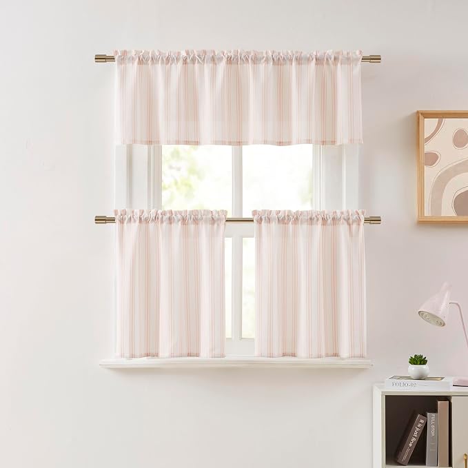 ZJDECOR Cotton Blended Pink Vertical Stripe Tiers Panels, Semi Sheer, Rod Pocket - Image 7