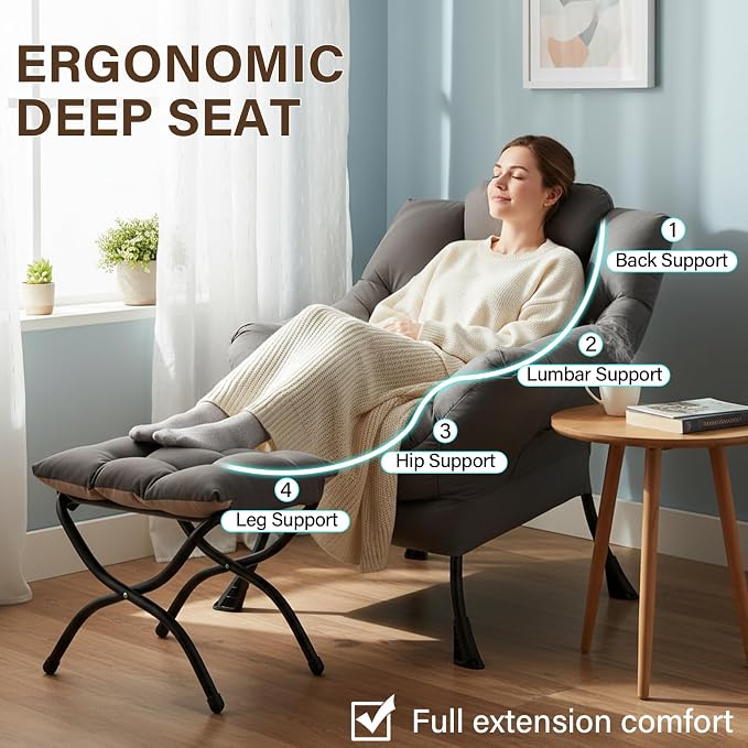 Welnow Lazy Chair with Ottoman, Reading Chair with Footrest, Light Grey | A - Image 5