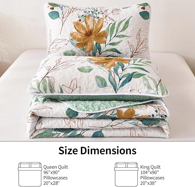 Anibedding Floral Quilt Set Queen, 3 Pieces Reversible Elegant Green Leaves - Image 7
