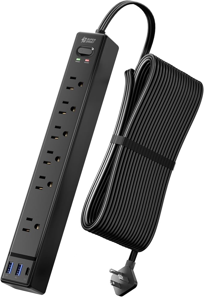 20Ft Long Extension Cord, SUPERDANNY Flat Plug Surge Protector Power Strip | 6 by SUPERDANNY