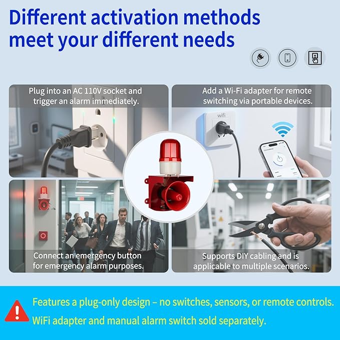 kbaoele AC110V Industrial Siren Alarm Strobe Light-120dB Loud Horn&Red Beacon Warning Light,Waterproof Indoor/Outdoor Safety Alarm for Emergency,Factory,Office,Fires,Tornado,Intruders,Animal Deterrent