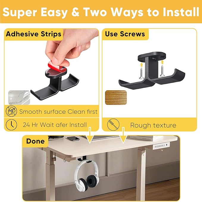 Under Desk Headphone Hanger with Strong Adhesive and Screws Mount, 360° Rotatable Dual Headset Holder Stand, Aluminum Metal Adjustable Headphone Hook, Perfect for Home Gaming & Office - Black
