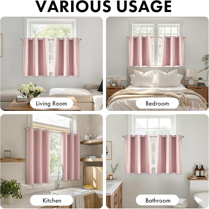 Short Light Pink Blackout Kitchen Curtain W40 x L45 Inch 2 Panels | Thermal - Image 5