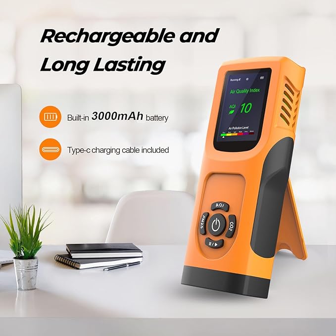 Portable 6-in-1 Air Quality Monitor Indoor Air Quality Tester Air Quality Meter with CO2 TVOC PM2.5 PM10 Particles AQI Detector for Cars Home School Office 3000mAh Battery
