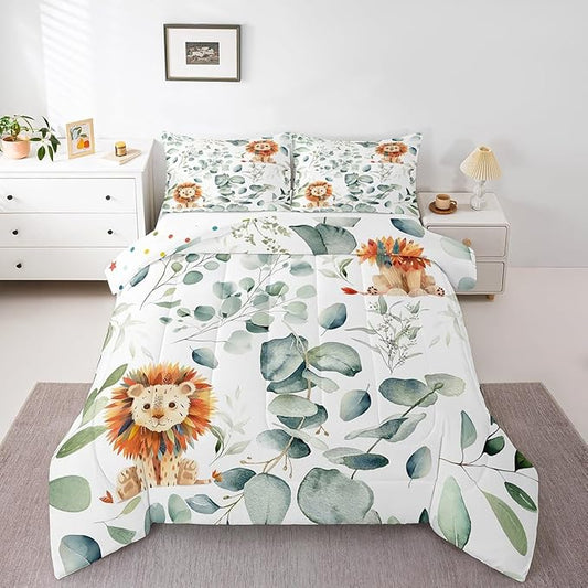 Erosebridal Cute Lion Queen Bedding Sets for Kids Child Green Eucalyptus Comforter Set, Woodland Animal Down Comforter Botanical Plant Leaves Bedding Comforter Sets, Cartoon Wildlife Duvet Insert