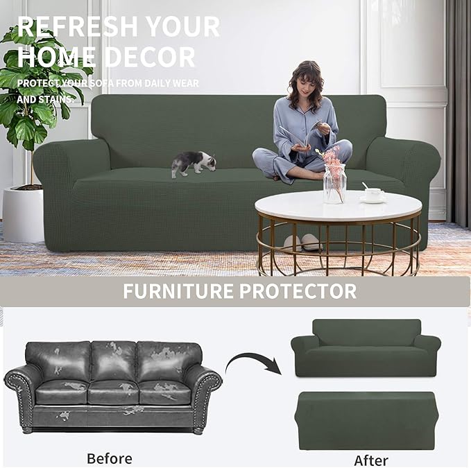 Easy-Going Stretch Loveseat Slipcover 1-Piece Sofa Cover Furniture Protector Couch Soft with Elastic Bottom for Kids Polyester Spandex Jacquard Fabric Small Checks (Loveseat, Olive Green)